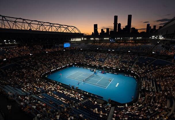 Mandatory Credit: Photo by James Gourley Shutterstock (12765100fr) The sun sets over the Rod Laver Arena Australian Open, Day Eight, Tennis, Melbourne Park, Melbourne, Australia - 24 Jan 2022 Australian Open, Day Eight, Tennis, Melbourne Park, Melbourne, Australia - 24 Jan 2022 Copyright: xJamesxGourley Shutterstockx 12765100fr
