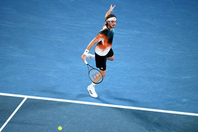 Mandatory Credit: Photo by James Gourley Shutterstock (12765100gf) Stefanos Tsitsipas during his fourth round match Australian Open, Day Eight, Tennis, Melbourne Park, Melbourne, Australia - 24 Jan 2022 Australian Open, Day Eight, Tennis, Melbourne Park, Melbourne, Australia - 24 Jan 2022 Copyright: xJamesxGourley Shutterstockx 12765100gf