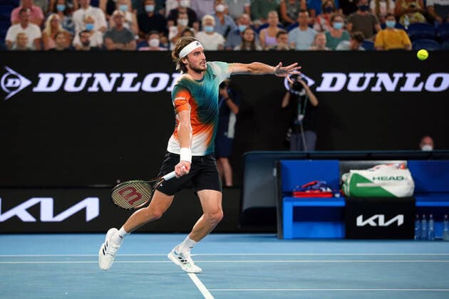 Mandatory Credit: Photo by Ella Ling Shutterstock (12765099eu) Stefanos Tsitsipas during his fourth round match Australian Open, Day Eight, Tennis, Melbourne Park, Melbourne, Australia - 24 Jan 2022 Australian Open, Day Eight, Tennis, Melbourne Park, Melbourne, Australia - 24 Jan 2022 Copyright: xEllaxLing Shutterstockx 12765099eu