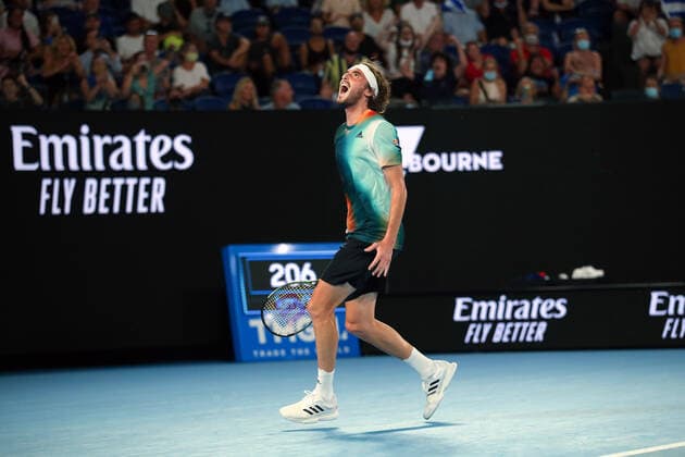 Mandatory Credit: Photo by Ella Ling Shutterstock (12765099ex) Stefanos Tsitsipas celebrates victory in his fourth round match Australian Open, Day Eight, Tennis, Melbourne Park, Melbourne, Australia - 24 Jan 2022 Australian Open, Day Eight, Tennis, Melbourne Park, Melbourne, Australia - 24 Jan 2022 Copyright: xEllaxLing Shutterstockx 12765099ex