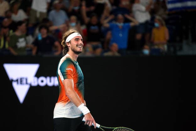 Mandatory Credit: Photo by Ella Ling Shutterstock (12765099ey) Stefanos Tsitsipas celebrates victory in his fourth round match Australian Open, Day Eight, Tennis, Melbourne Park, Melbourne, Australia - 24 Jan 2022 Australian Open, Day Eight, Tennis, Melbourne Park, Melbourne, Australia - 24 Jan 2022 Copyright: xEllaxLing Shutterstockx 12765099ey