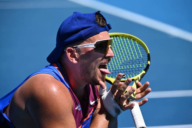 TENNIS AUSTRALIAN OPEN, Dylan Alcott of Australia reacts during his mens quad wheelchair singles semi final match against Andy Lapthorne of the United Kingdom on Day 9 of the Australian Open, at Melbourne Park, in Melbourne, Tuesday, January 25, 2022. ( NO ARCHIVING, EDITORIAL USE ONLY, NO USE IN BOOKS WITHOUT CONSENT MELBOURNE VIC AUSTRALIA  Copyright: xDEANxLEWINSx 20220125001616763959