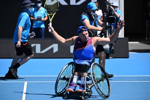 TENNIS AUSTRALIAN OPEN, Dylan Alcott of Australia celebrates his win during his mens quad wheelchair singles semi final match against Andy Lapthorne of the United Kingdom on Day 9 of the Australian Open, at Melbourne Park, in Melbourne, Tuesday, January 25, 2022. ( NO ARCHIVING, EDITORIAL USE ONLY, NO USE IN BOOKS WITHOUT CONSENT MELBOURNE VIC AUSTRALIA  Copyright: xDEANxLEWINSx 20220125001616772517
