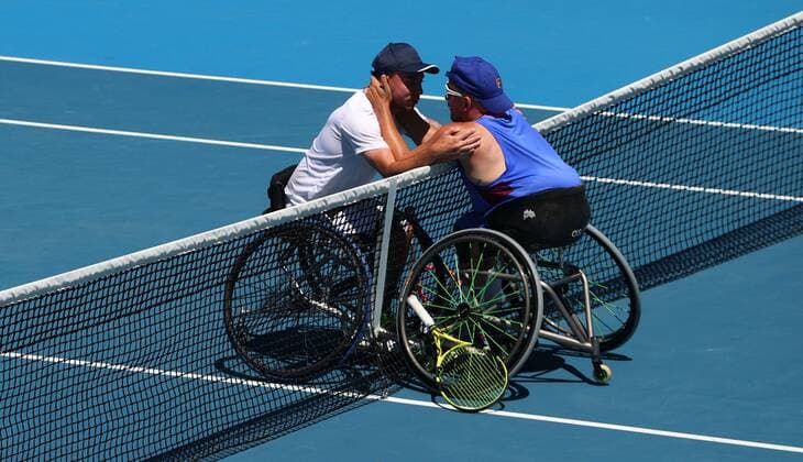 Mandatory Credit: Photo by Ella Ling Shutterstock (12773750o) Dylan Alcott celebrates his Quad Wheelchair Singles Semi Final win over Andy Lapthorne Australian Open, Day Nine, Tennis, Melbourne Park, Melbourne, Australia - 25 Jan 2022 Australian Open, Day Nine, Tennis, Melbourne Park, Melbourne, Australia - 25 Jan 2022 Copyright: xEllaxLing Shutterstockx 12773750o