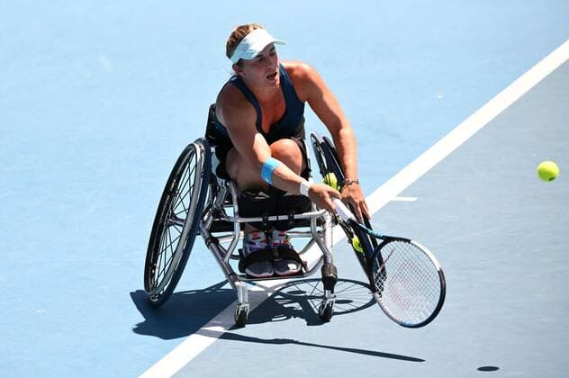 Mandatory Credit: Photo by James Gourley Shutterstock (12773752am) Diede De Groot in Women s Wheelchair Singles semi final action Australian Open, Day Nine, Tennis, Melbourne Park, Melbourne, Australia - 25 Jan 2022 Australian Open, Day Nine, Tennis, Melbourne Park, Melbourne, Australia - 25 Jan 2022 Copyright: xJamesxGourley Shutterstockx 12773752am