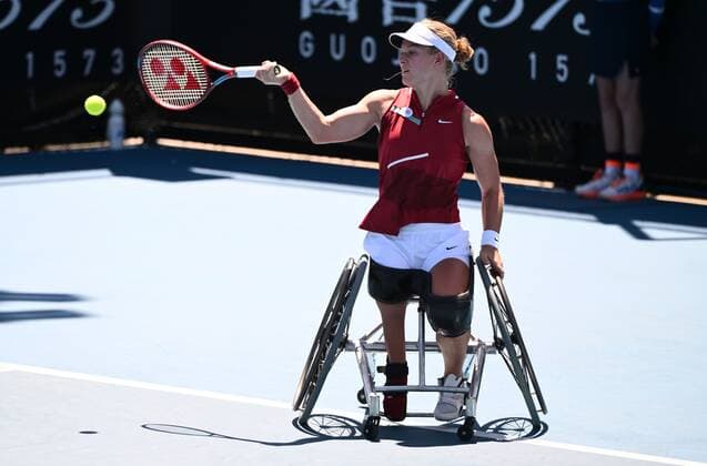 Mandatory Credit: Photo by James Gourley Shutterstock (12773752ax) Lucy Shuker in Women s Wheelchair Singles semi final action Australian Open, Day Nine, Tennis, Melbourne Park, Melbourne, Australia - 25 Jan 2022 Australian Open, Day Nine, Tennis, Melbourne Park, Melbourne, Australia - 25 Jan 2022 Copyright: xJamesxGourley Shutterstockx 12773752ax