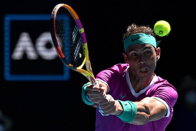 TENNIS AUSTRALIAN OPEN, Rafael Nadal of Spain plays a shot during his Men?s singles quarterfinal match against Denis Shapovalov of Canada on Day 9 of the Australian Open, at Melbourne Park, in Melbourne, Tuesday, January 25, 2022. ( NO ARCHIVING, EDITORIAL USE ONLY, NO USE IN BOOKS WITHOUT CONSENT MELBOURNE VIC AUSTRALIA  Copyright: xDEANxLEWINSx 20220125001616803616
