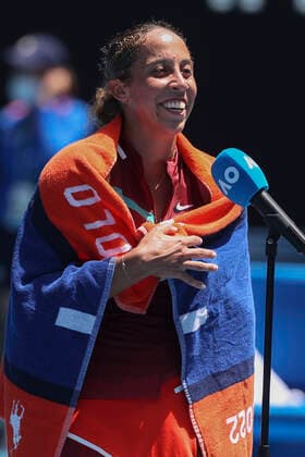 Madison Keys USA gives TV interview on the court after winning Tennis Australian Open 2022 Grand Slam Melbourne Park Melbourne Victoria Australia 25 January 2022 Copyright: xJuergenxHasenkopfx