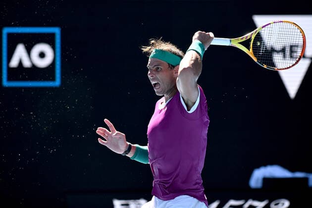 TENNIS AUSTRALIAN OPEN, Rafael Nadal of Spain plays a shot during his Men?s singles quarterfinal match against Denis Shapovalov of Canada on Day 9 of the Australian Open, at Melbourne Park, in Melbourne, Tuesday, January 25, 2022. ( NO ARCHIVING, EDITORIAL USE ONLY, NO USE IN BOOKS WITHOUT CONSENT MELBOURNE VIC AUSTRALIA  Copyright: xDEANxLEWINSx 20220125001616826317