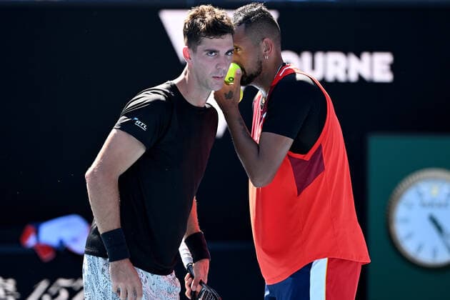 TENNIS AUSTRALIAN OPEN, Nick Kyrgios (right) and Thanasi Kokkinakis of Australia during their Men?s doubles quarterfinal match against Tim Puetz of Germany and Michael Venus of New Zealand on Day 9 of the Australian Open, at Melbourne Park, in Melbourne, Tuesday, January 25, 2022. ( NO ARCHIVING, EDITORIAL USE ONLY, NO USE IN BOOKS WITHOUT CONSENT MELBOURNE VIC AUSTRALIA  Copyright: xDAVExHUNTx 20220125001616826459