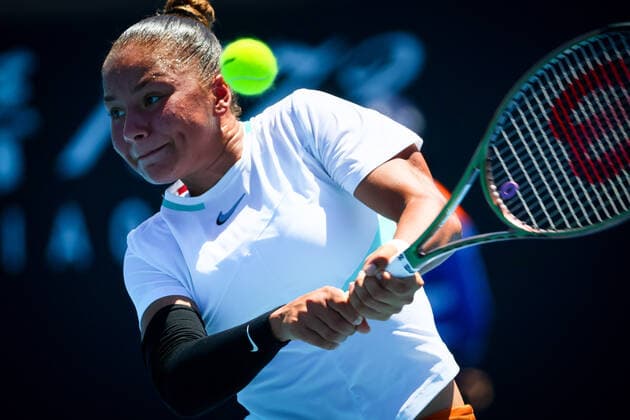 Belgian Sofia Costoulas pictured in action during a second round game in the girls singles between Belgian Costoulas and Italian Safi at the Australian Open Grand Slam tennis tournament, Tuesday 25 January 2022 in Melbourne Park, Melbourne, Australia. The 2022 edition of the Australian Grand Slam takes place from January 17th to January 30th. PATRICKxHAMILTON  x5433420x