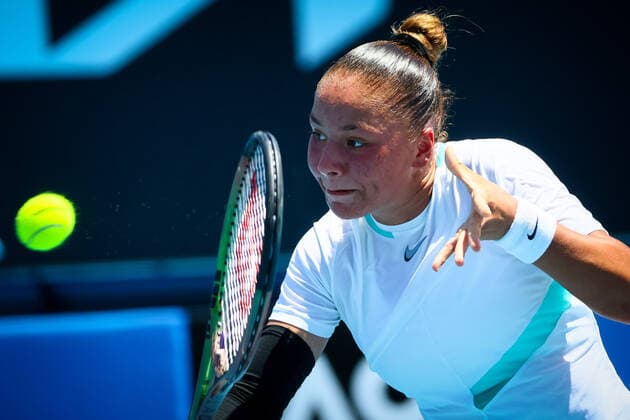 Belgian Sofia Costoulas pictured in action during a second round game in the girls singles between Belgian Costoulas and Italian Safi at the Australian Open Grand Slam tennis tournament, Tuesday 25 January 2022 in Melbourne Park, Melbourne, Australia. The 2022 edition of the Australian Grand Slam takes place from January 17th to January 30th. PATRICKxHAMILTON  x5433439x