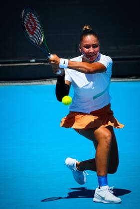 Belgian Sofia Costoulas pictured in action during a second round game in the girls singles between Belgian Costoulas and Italian Safi at the Australian Open Grand Slam tennis tournament, Tuesday 25 January 2022 in Melbourne Park, Melbourne, Australia. The 2022 edition of the Australian Grand Slam takes place from January 17th to January 30th. PATRICKxHAMILTON  x5433465x