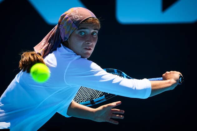 Iranian Meshkatolzahra Safi pictured in action during a second round game in the girls singles between Belgian Costoulas and Italian Safi at the Australian Open Grand Slam tennis tournament, Tuesday 25 January 2022 in Melbourne Park, Melbourne, Australia. The 2022 edition of the Australian Grand Slam takes place from January 17th to January 30th. PATRICKxHAMILTON  x5433638x