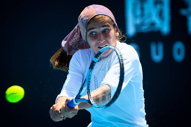 Iranian Meshkatolzahra Safi pictured in action during a second round game in the girls singles between Belgian Costoulas and Italian Safi at the Australian Open Grand Slam tennis tournament, Tuesday 25 January 2022 in Melbourne Park, Melbourne, Australia. The 2022 edition of the Australian Grand Slam takes place from January 17th to January 30th. PATRICKxHAMILTON  x5433681x