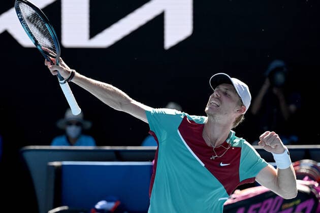 TENNIS AUSTRALIAN OPEN, Denis Shapovalov of Canada celebrates winning the third set during his Men?s singles quarterfinal match against Rafael Nadal of Spain on Day 9 of the Australian Open, at Melbourne Park, in Melbourne, Tuesday, January 25, 2022. ( NO ARCHIVING, EDITORIAL USE ONLY, NO USE IN BOOKS WITHOUT CONSENT MELBOURNE VIC AUSTRALIA  Copyright: xDEANxLEWINSx 20220125001616838396