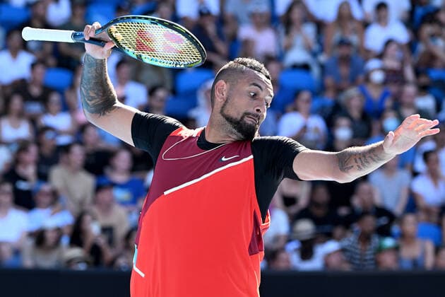 TENNIS AUSTRALIAN OPEN, Nick Kyrgios of Australia throws his racquet during his Men?s doubles quarterfinal match with Thanasi Kokkinakis, against Tim Puetz of Germany and Michael Venus of New Zealand on Day 9 of the Australian Open, at Melbourne Park, in Melbourne, Tuesday, January 25, 2022. ( NO ARCHIVING, EDITORIAL USE ONLY, NO USE IN BOOKS WITHOUT CONSENT MELBOURNE VIC AUSTRALIA  Copyright: xDAVExHUNTx 20220125001616842404