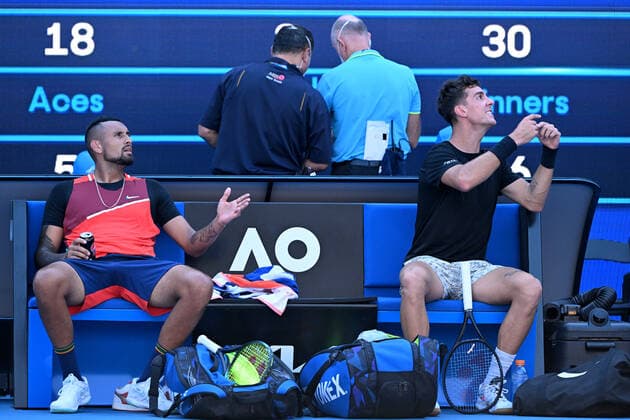 TENNIS AUSTRALIAN OPEN, Nick Kyrgios and Thanasi Kokkinakis of Australia remonstrate with the chair umpire during their Men?s doubles quarterfinal match against Tim Puetz of Germany and Michael Venus of New Zealand on Day 9 of the Australian Open, at Melbourne Park, in Melbourne, Tuesday, January 25, 2022. ( NO ARCHIVING, EDITORIAL USE ONLY, NO USE IN BOOKS WITHOUT CONSENT MELBOURNE VIC AUSTRALIA  Copyright: xDAVExHUNTx 20220125001616842586