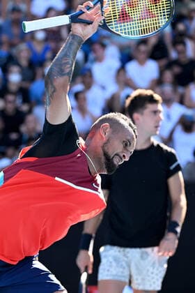 TENNIS AUSTRALIAN OPEN, Nick Kyrgios of Australia throws his racquet during his Men?s doubles quarterfinal match with Thanasi Kokkinakis, against Tim Puetz of Germany and Michael Venus of New Zealand on Day 9 of the Australian Open, at Melbourne Park, in Melbourne, Tuesday, January 25, 2022. ( NO ARCHIVING, EDITORIAL USE ONLY, NO USE IN BOOKS WITHOUT CONSENT MELBOURNE VIC AUSTRALIA  Copyright: xDAVExHUNTx 20220125001616842780