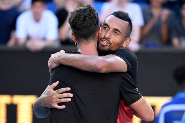 TENNIS AUSTRALIAN OPEN, Nick Kyrgios (right) and Thanasi Kokkinakis of Australia celebrate after winning their their Men?s doubles quarterfinal match against Tim Puetz of Germany and Michael Venus of New Zealand on Day 9 of the Australian Open, at Melbourne Park, in Melbourne, Tuesday, January 25, 2022. ( NO ARCHIVING, EDITORIAL USE ONLY, NO USE IN BOOKS WITHOUT CONSENT MELBOURNE VIC AUSTRALIA  Copyright: xDAVExHUNTx 20220125001616847320