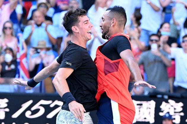 TENNIS AUSTRALIAN OPEN, Nick Kyrgios (right) and Thanasi Kokkinakis of Australia celebrate after winning their their Men?s doubles quarterfinal match against Tim Puetz of Germany and Michael Venus of New Zealand on Day 9 of the Australian Open, at Melbourne Park, in Melbourne, Tuesday, January 25, 2022. ( NO ARCHIVING, EDITORIAL USE ONLY, NO USE IN BOOKS WITHOUT CONSENT MELBOURNE VIC AUSTRALIA  Copyright: xDAVExHUNTx 20220125001616847365