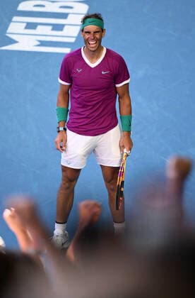 Mandatory Credit: Photo by James Gourley Shutterstock (12773752fj) Rafael Nadal celebrates victory in his quarter-final match Australian Open, Day Nine, Tennis, Melbourne Park, Melbourne, Australia - 25 Jan 2022 Australian Open, Day Nine, Tennis, Melbourne Park, Melbourne, Australia - 25 Jan 2022 Copyright: xJamesxGourley Shutterstockx 12773752fj