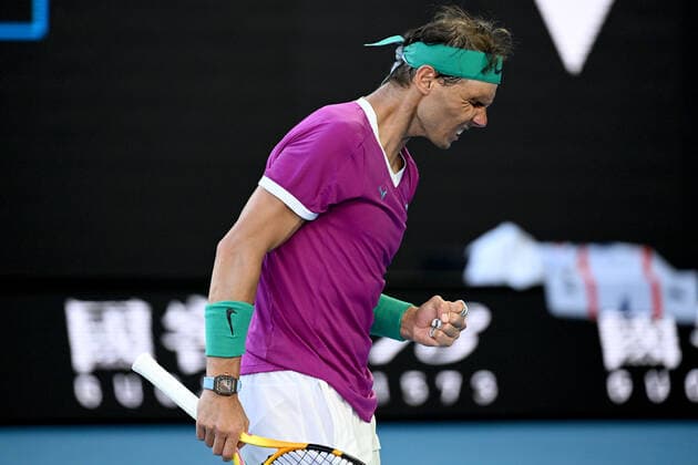 TENNIS AUSTRALIAN OPEN, Rafael Nadal of Spain reacts during his Men?s singles quarterfinal match against Denis Shapovalov of Canada on Day 9 of the Australian Open, at Melbourne Park, in Melbourne, Tuesday, January 25, 2022. ( NO ARCHIVING, EDITORIAL USE ONLY, NO USE IN BOOKS WITHOUT CONSENT MELBOURNE VIC AUSTRALIA  Copyright: xDEANxLEWINSx 20220125001616855875