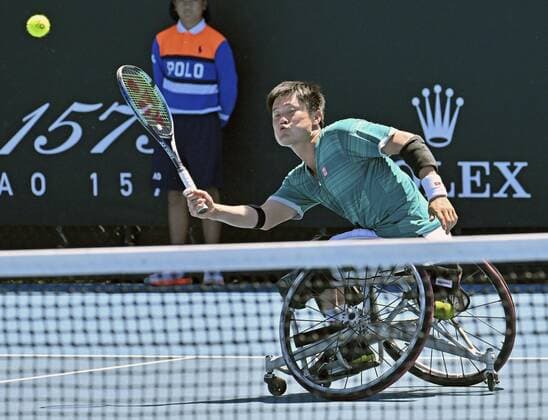 Tennis: Australian Open Shingo Kunieda of Japan plays in his wheelchair singles semifinal match against Tom Egberink of the Netherlands at the Australian Open tennis championships in Melbourne on Jan. 25, 2022.  A14AA0001200673P