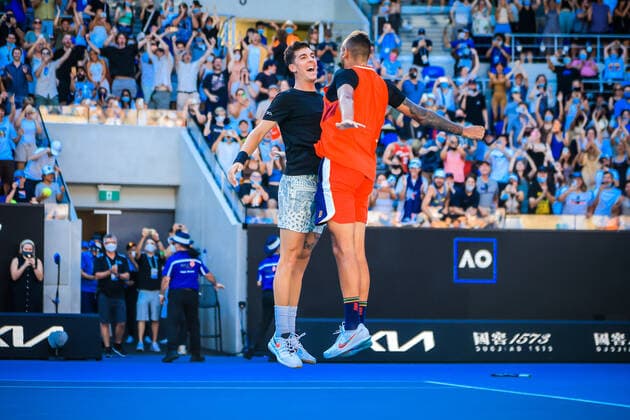 January 25, 2022, Melbourne, Victoria, Australia: MELBOURNE, AUSTRALIA - JANUARY 25: Thanasi Kokkinakis and Nick Kyrgios play against Tim Puetz and Mark Venus on day 9 of the 2022 Australian Open at Melbourne Park on January 25, 2022 in Melbourne, Australia. Melbourne Australia - ZUMAp121 20220125_zsp_p121_070 Copyright: xChrisxPutnamx