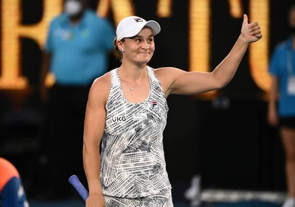 Mandatory Credit: Photo by James Gourley Shutterstock (12773752fu) Ashleigh Barty celebrates victory in her quarter-final match Australian Open, Day Nine, Tennis, Melbourne Park, Melbourne, Australia - 25 Jan 2022 Australian Open, Day Nine, Tennis, Melbourne Park, Melbourne, Australia - 25 Jan 2022 Copyright: xJamesxGourley Shutterstockx 12773752fu