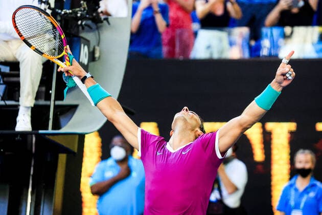 January 25, 2022, Melbourne, Victoria, Australia: MELBOURNE, AUSTRALIA - JANUARY 25: Rafael Nadal of Spain beats Denis Shapovalov of Canada on day 9 of the 2022 Australian Open at Melbourne Park on January 25, 2022 in Melbourne, Australia. Melbourne Australia - ZUMAp121 20220125_zsp_p121_094 Copyright: xChrisxPutnamx