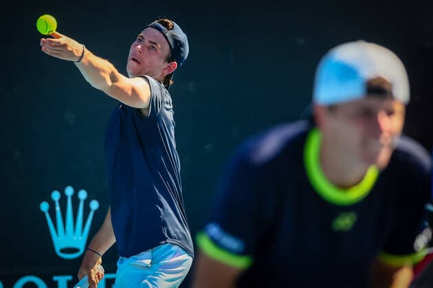 Belgian Alessio Basile and Dutch Daniel Verbeek pictured in action during a second round game in the boys doubles between Belgian Basile Dutch Verbeek and French Debru Swiss Feldbausch at the Australian Open Grand Slam tennis tournament, Tuesday 25 January 2022 in Melbourne Park, Melbourne, Australia. The 2022 edition of the Australian Grand Slam takes place from January 17th to January 30th. PATRICKxHAMILTON  x5499584x