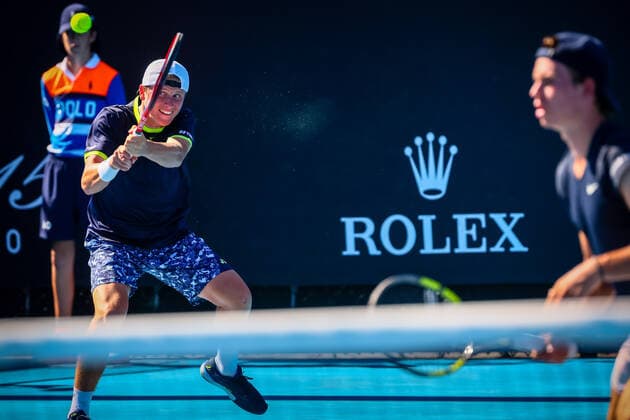 Belgian Alessio Basile and Dutch Daniel Verbeek pictured in action during a second round game in the boys doubles between Belgian Basile Dutch Verbeek and French Debru Swiss Feldbausch at the Australian Open Grand Slam tennis tournament, Tuesday 25 January 2022 in Melbourne Park, Melbourne, Australia. The 2022 edition of the Australian Grand Slam takes place from January 17th to January 30th. PATRICKxHAMILTON  x5499588x