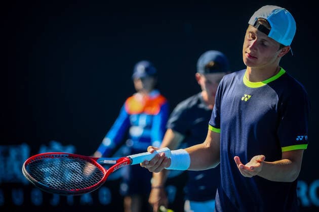 Belgian Alessio Basile pictured in action during a second round game in the boys doubles between Belgian Basile Dutch Verbeek and French Debru Swiss Feldbausch at the Australian Open Grand Slam tennis tournament, Tuesday 25 January 2022 in Melbourne Park, Melbourne, Australia. The 2022 edition of the Australian Grand Slam takes place from January 17th to January 30th. PATRICKxHAMILTON  x5499684x