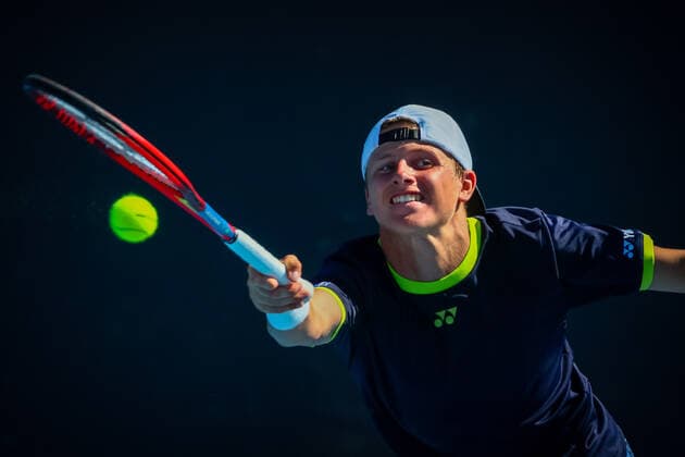 Belgian Alessio Basile pictured in action during a second round game in the boys doubles between Belgian Basile Dutch Verbeek and French Debru Swiss Feldbausch at the Australian Open Grand Slam tennis tournament, Tuesday 25 January 2022 in Melbourne Park, Melbourne, Australia. The 2022 edition of the Australian Grand Slam takes place from January 17th to January 30th. PATRICKxHAMILTON  x5499718x