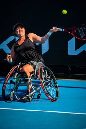 Dutch Aniek Van Koot WTA, Tennis Damen 3) pictured in action during a wheelchair tennis match between South African Montjane and Dutch Van Koot at the Australian Open Grand Slam tennis tournament, Tuesday 25 January 2022 in Melbourne Park, Melbourne, Australia. The 2022 edition of the Australian Grand Slam takes place from January 17th to January 30th. PATRICKxHAMILTON  x5501892x