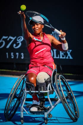 South African Kgothatso Montjane WTA, Tennis Damen 6) pictured in action during a wheelchair tennis match between South African Montjane and Dutch Van Koot at the Australian Open Grand Slam tennis tournament, Tuesday 25 January 2022 in Melbourne Park, Melbourne, Australia. The 2022 edition of the Australian Grand Slam takes place from January 17th to January 30th. PATRICKxHAMILTON  x5502380x