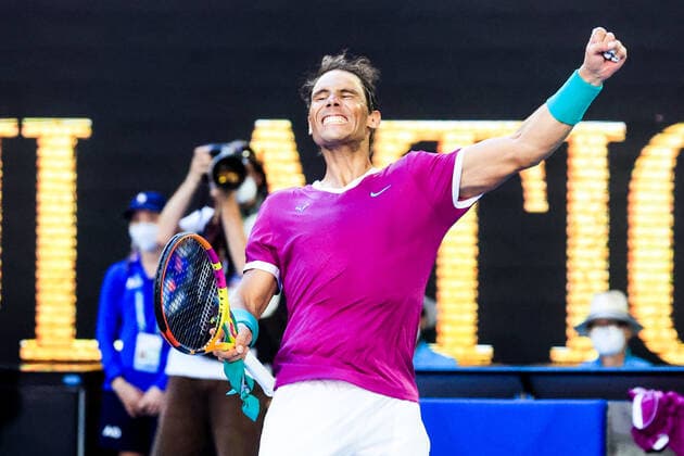 January 25, 2022, Melbourne, Victoria, Australia: RAFAEL NADAL of Spain celebrates winning against D. Shapovalov of Canada on day 9 of the 2022 Australian Open at Melbourne Park in Melbourne, Australia. Nadal won 6:3, 6:4, 4:6, 3:6, 6:3 Melbourne Australia - ZUMAp121 20220125_zsp_p121_095 Copyright: xChrisxPutnamx