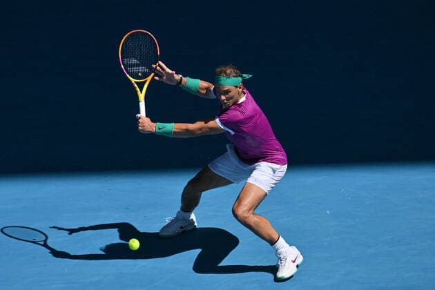 January 26, 2022: 6th seed RAFAEL NADAL (ESP) in action against 14th seed DENIS SHAPOVALOV (CAN) on Margaret Court Arena in a Men s Singles Quarterfinals match on day 9 of the 2022 Australian Open in Melbourne, Australia. Cal Media. NADAL won 6:3, 6:4, 4:6, 3:6, 6:3 USA - ZUMAc04_ 20220125_zaf_c04_004 Copyright: xSydneyxLowx