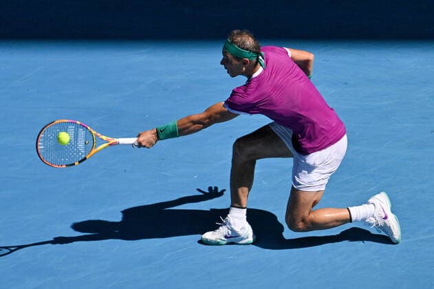 January 26, 2022: 6th seed RAFAEL NADAL (ESP) in action against 14th seed DENIS SHAPOVALOV (CAN) on Margaret Court Arena in a Men s Singles Quarterfinals match on day 9 of the 2022 Australian Open in Melbourne, Australia. Cal Media. NADAL won 6:3, 6:4, 4:6, 3:6, 6:3 USA - ZUMAc04_ 20220125_zaf_c04_008 Copyright: xSydneyxLowx