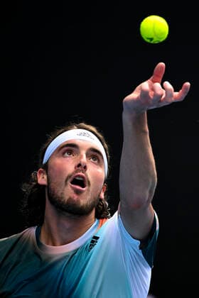 TENNIS AUSTRALIAN OPEN, Stefanos Tsitsipas of Greece in action during his Men?s quarterfinal match against Jannik Sinner of Italy on Day 10 of the Australian Open, at Melbourne Park, in Melbourne, Wednesday, January 26, 2022. ( NO ARCHIVING, EDITORIAL USE ONLY, NO USE IN BOOKS WITHOUT CONSENT MELBOURNE VIC AUSTRALIA  Copyright: xDAVExHUNTx 20220126001617232797