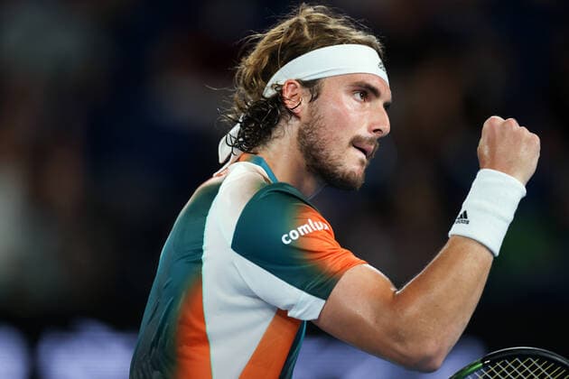 Mandatory Credit: Photo by Ella Ling Shutterstock (12773755ce) Stefanos Tsitsipas during his quarter final match Australian Open, Day Ten, Tennis, Melbourne Park, Melbourne, Australia - 26 Jan 2022 Australian Open, Day Ten, Tennis, Melbourne Park, Melbourne, Australia - 26 Jan 2022 Copyright: xEllaxLing Shutterstockx 12773755ce