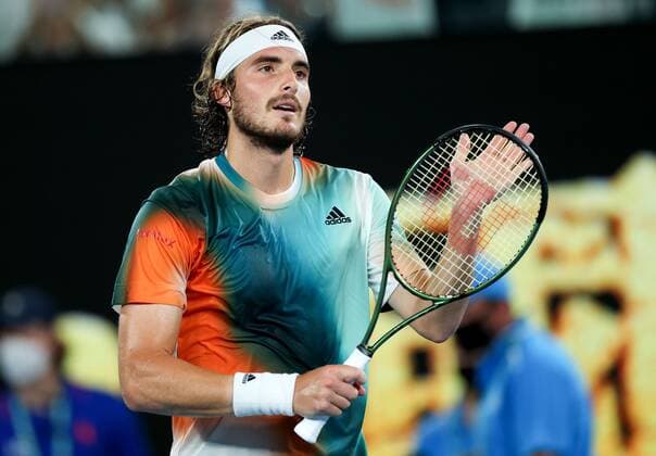Mandatory Credit: Photo by Ella Ling Shutterstock (12773755cm) Stefanos Tsitsipas celebrates victory in his quarter final match Australian Open, Day Ten, Tennis, Melbourne Park, Melbourne, Australia - 26 Jan 2022 Australian Open, Day Ten, Tennis, Melbourne Park, Melbourne, Australia - 26 Jan 2022 Copyright: xEllaxLing Shutterstockx 12773755cm