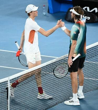 Mandatory Credit: Photo by James Gourley Shutterstock (12773754dj) Stefanos Tsitsipas celebrates victory in his quarter final match against Jannik Sinner Australian Open, Day Ten, Tennis, Melbourne Park, Melbourne, Australia - 26 Jan 2022 Australian Open, Day Ten, Tennis, Melbourne Park, Melbourne, Australia - 26 Jan 2022 Copyright: xJamesxGourley Shutterstockx 12773754dj