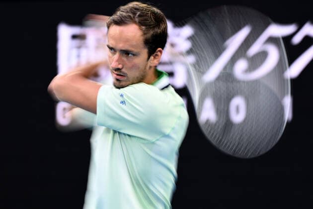 Mandatory Credit: Photo by James Gourley Shutterstock (12773754dl) Daniil Medvedev warming-up ahead of his quarter final match Australian Open, Day Ten, Tennis, Melbourne Park, Melbourne, Australia - 26 Jan 2022 Australian Open, Day Ten, Tennis, Melbourne Park, Melbourne, Australia - 26 Jan 2022 Copyright: xJamesxGourley Shutterstockx 12773754dl