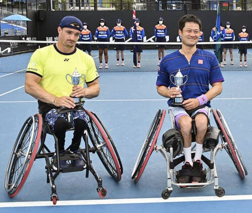 Tennis: Australian Open Shingo Kunieda of Japan (R) and Gustavo Fernandez of Argentina are pictured after taking second place in the men s wheelchair doubles at the Australian Open tennis tournament in Melbourne on Jan. 26, 2022.  A14AA0001206584P