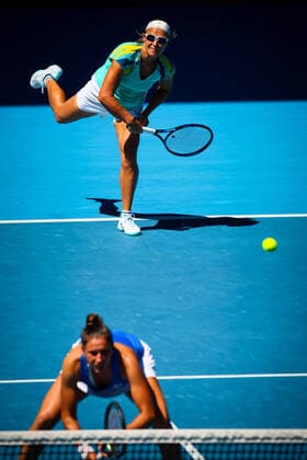 Kirsten Flipkens WTA, Tennis Damen 258) and Sara Sorribes Tormo (WTA 120) pictured in action during the women s doubles quarterfinals game between Belgian-Russian pair Mertens-Kudermetova and the Belgian-Spanish pair Flipkens-Sorribes Tormo, at the Australian Open Grand Slam tennis tournament, Wednesday 26 January 2022 in Melbourne Park, Melbourne, Australia. The 2022 edition of the Australian Grand Slam takes place from January 17th to January 30th. PATRICKxHAMILTON  x5746099x