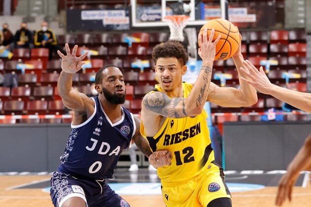 Ludwigsburg , Basketball Champions League MHP Riesen Ludwigsburg vs JDA Dijon , from left Khadeen Carrington Dijon Jonah Radebaugh Giants