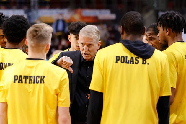 Ludwigsburg , Basketball Champions League MHP Riesen Ludwigsburg vs JDA Dijon , Coach John Patrick Riesen in the circle of his team