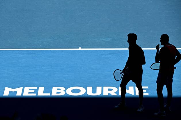 TENNIS AUSTRALIAN OPEN, Thanasi Kokkinakis (left) and Nick Kyrgios of Australia during their Men?s doubles semifinal match against Marcel Granollers of Spain and Horacio Zeballos of Argentina on Day 11 of the Australian Open, at Melbourne Park, in Melbourne, Thursday, January 27, 2022. ( NO ARCHIVING, EDITORIAL USE ONLY, NO USE IN BOOKS WITHOUT CONSENT MELBOURNE VIC AUSTRALIA  Copyright: xDEANxLEWINSx 20220127001617504502
